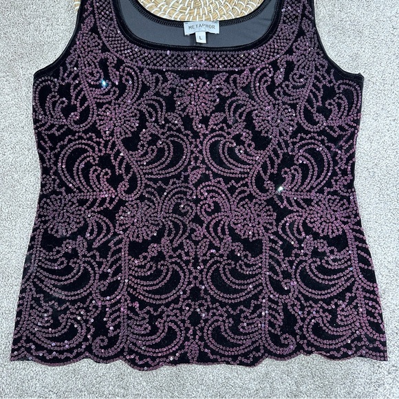 Metaphor Black Purple Sparkly Beaded Sequin Pattern Tank Top Velvet Whimsigoth L - Picture 3 of 11